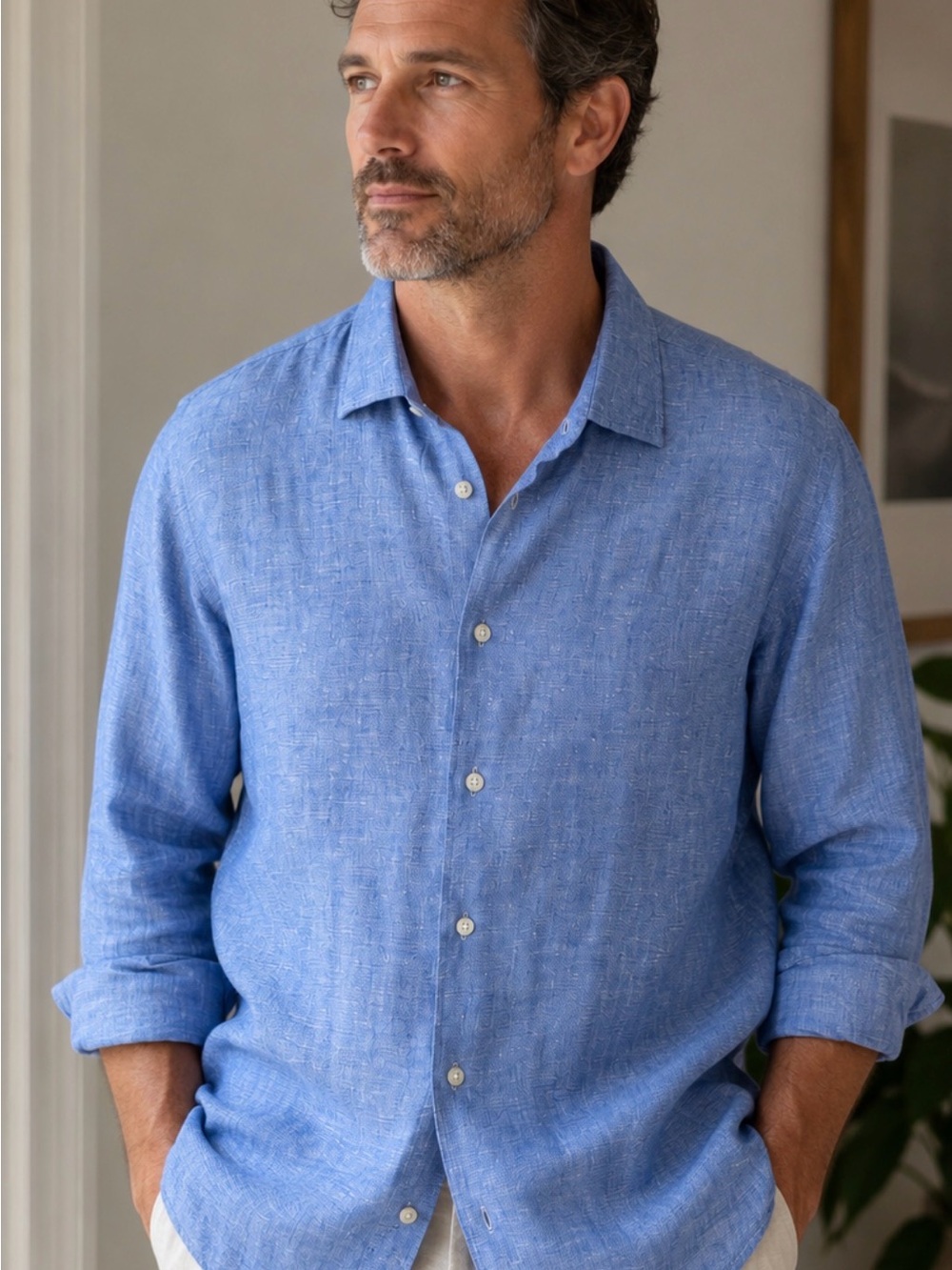 Pronto Uomo Men’s 3X Blue 100% Linen Long Sleeve Button Front Shirt Big & Tall